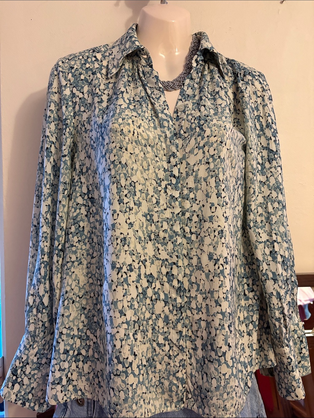 COS Blue and White Abstract Floral Button-Down Blouse. Rayon